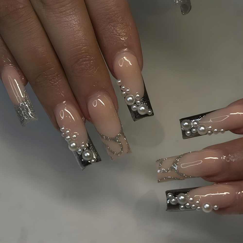Water Pipe Pearl Glitter Nail Art Black Silver French Fake reuse Press On Nails