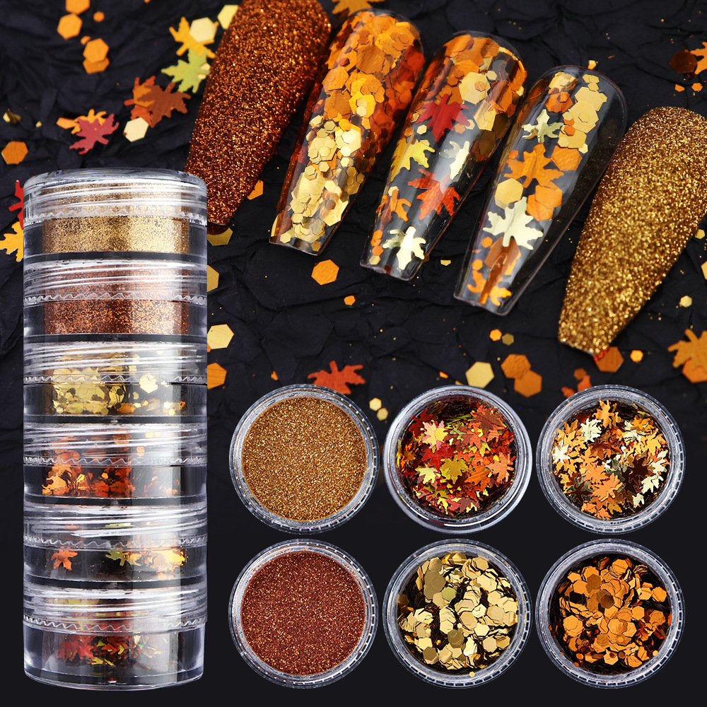 New Autumn Siamese Bottle Maple Sequins Golden Orange Nail Sequins Fine Glitter Set Ornament