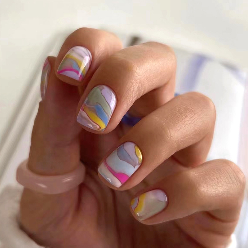 short square painted abstract paintings multi-color ins press on nail manicure