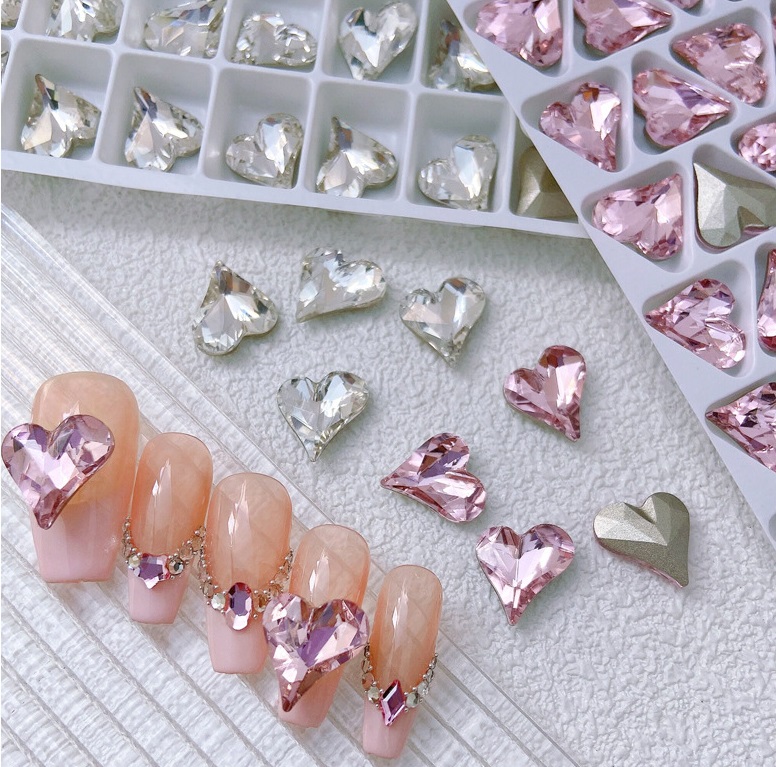 groove large crooked peach heart crystal cut heart white pink nail accessories